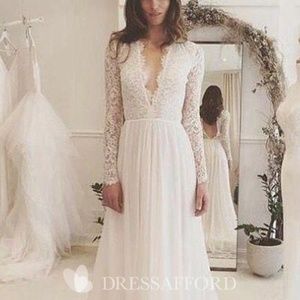 V-neck Chiffon Lace Long Sleeve Wedding Dress
